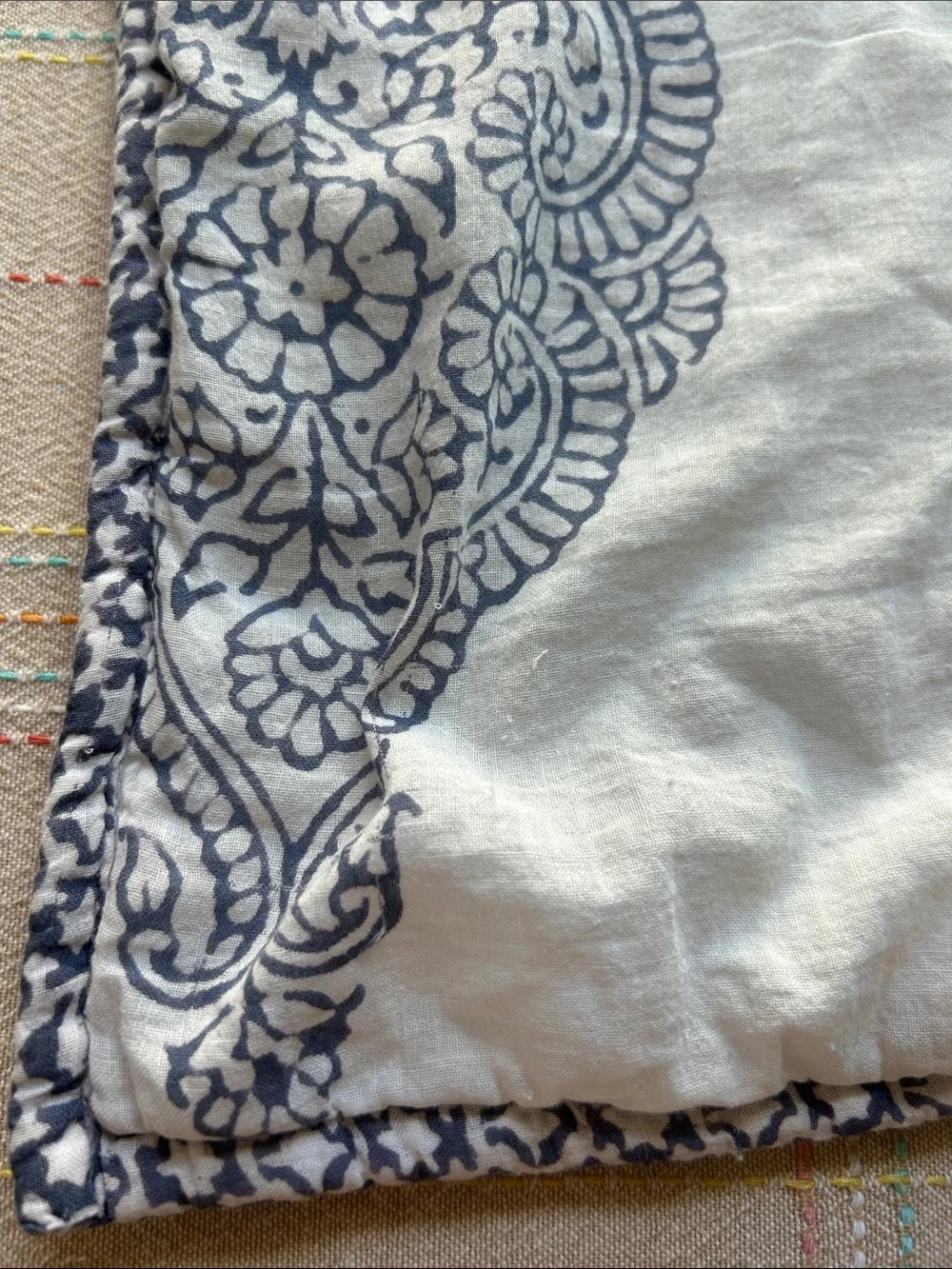 West Elm Quilted Euro Sham Pillow Cover Medallion Block Print Blue & White